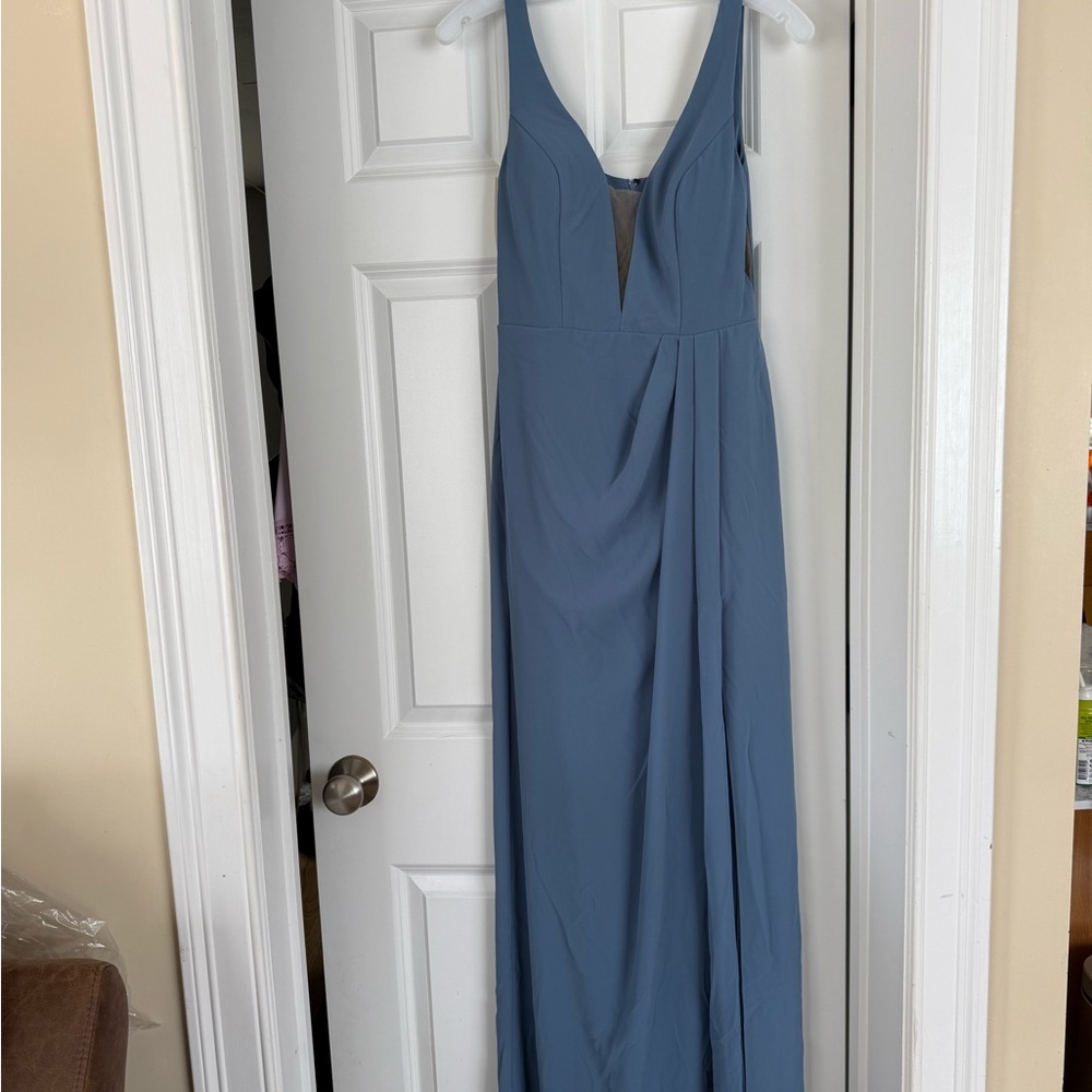 David’s Bridal Steel Blue Pleated Maxi Dress